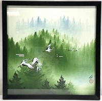 Signed Asian Flying Cranes Landscape Painting