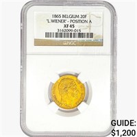 1865 .1867oz. Gold Belgium 20 Francs NGC XF45