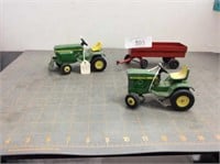 2 JD lawn & garden tractors & red flare box wagon