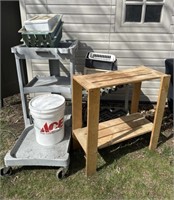 Plastic Cart, Wood Shelf, Plastic Bucket & More