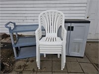 (5) Plastic Outdoor Chairs, Suncast Cabinet & More