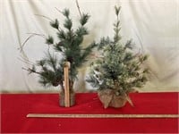 Two small evergreen tree decorations