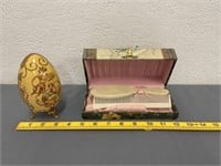 Antique Box With Brush/Comb & Decorative Egg