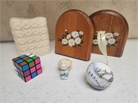 Tissue cover, vintage wood bookends, rubiks cube,