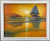 Signed Original Sunset Boat Scene Painting