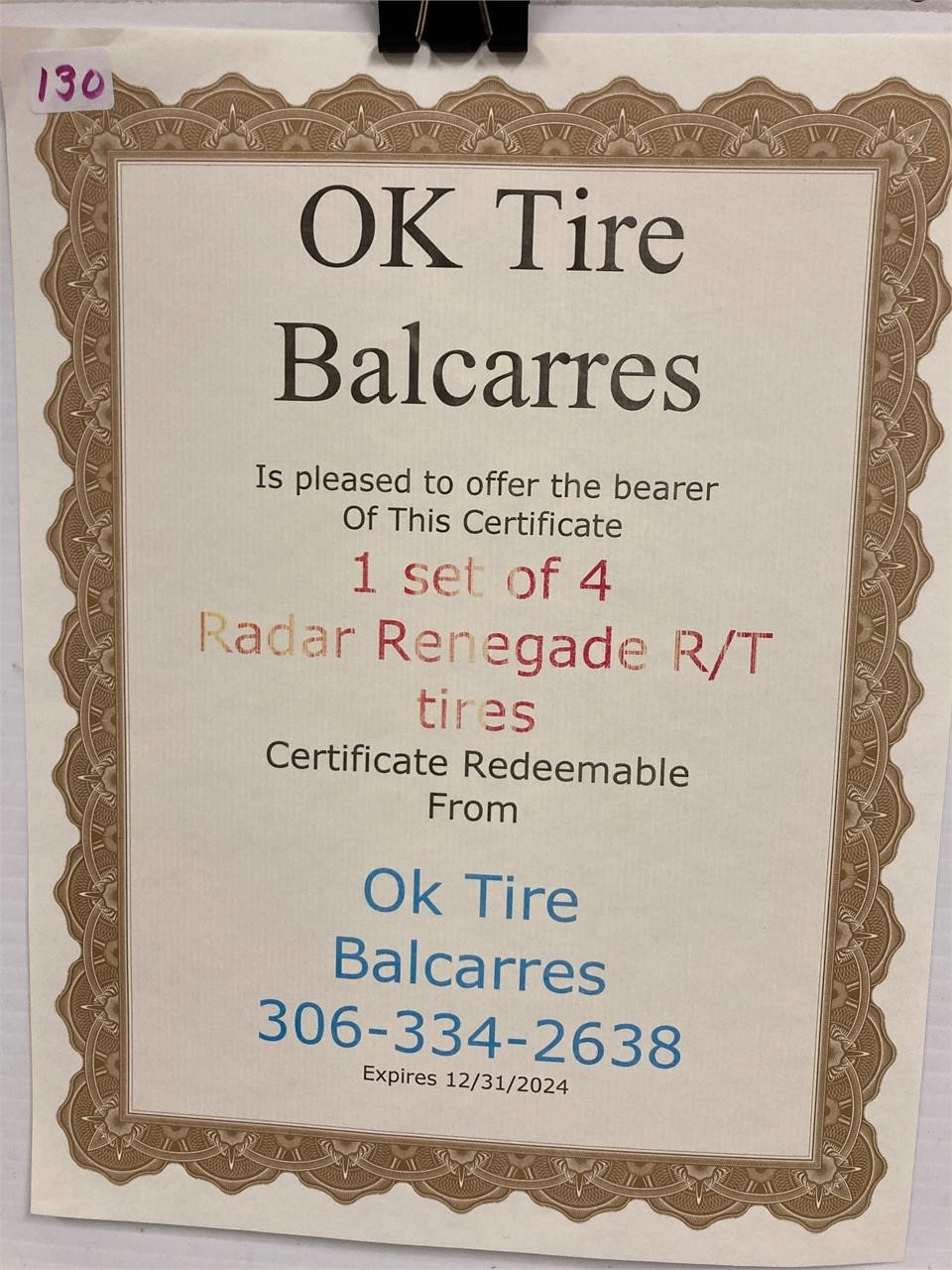 Set of 4 Radar Renegade R/T Tires Certificate