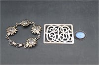 2 Sterling Brooches & Mexico Sun Bracelet Tot. 47g