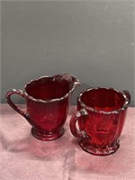 Ruby red glass cream and sugar