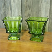2 Indiana Avocado Green Glass Pedestal Vases
