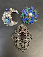 Three Vintage Colorful Brooches