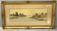 Antique River Landscape Watercolor Painting