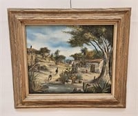 VINTAGE OIL ON CANVAS MEXICO TOWN VIEW SIGNED