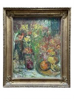 Oil on Canvas of Flowers & Fruit by Rene Clarot