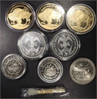 (8) MISC COMMEMS/TOKENS, (1) MINI TUBE GOLD FLAKES