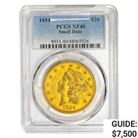 1854 $20 Gold Double Eagle PCGS XF40 Sm Date