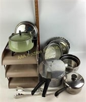Fondue pot electric, Revere Ware pan with lid,