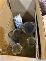 Box of vases and owl glass figure