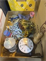Box of yard decor, clock and more