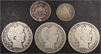 (1)SHIELD NICKEL, (1)SEATED DIME, (3)BARBER HALVES