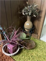 Plant stand, mauve vase, wooden bowl, wicker