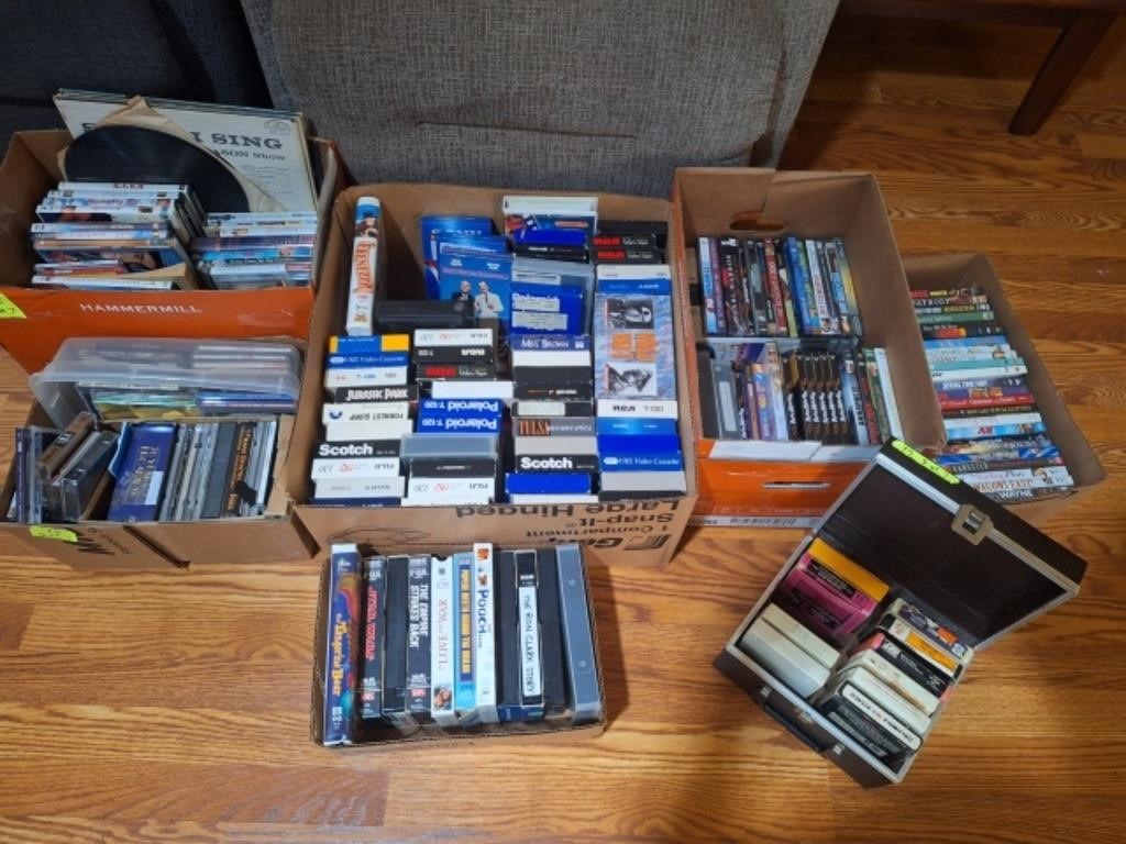 7+/-,Boxes Vintage VHS / DVDS,CD'S, 8 Track Tapes
