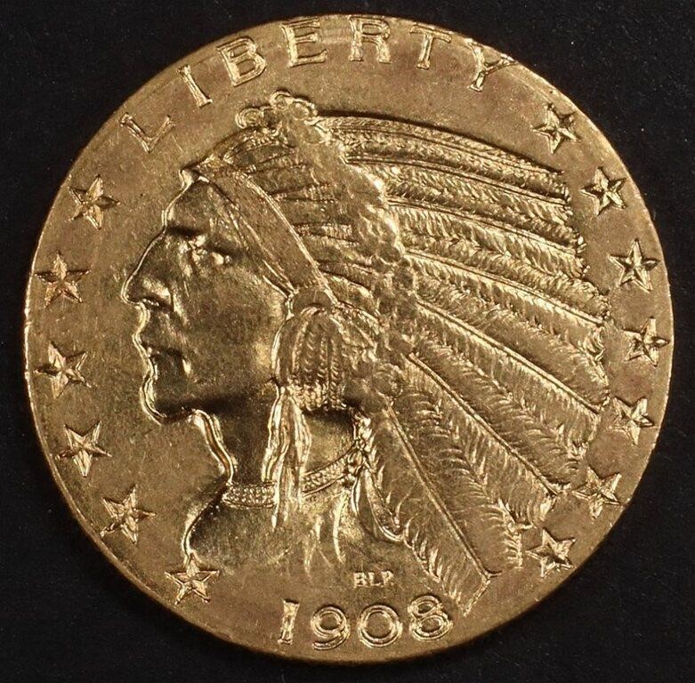1908 $5 GOLD INDIAN XF/AU