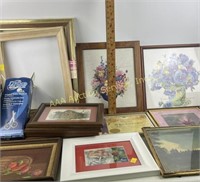 Picture frames, painting, framed cross stitch,