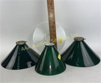 (3) green cased glass light shades, (1) opaque