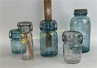 Ball canning jars blue, one clear, one Wheaton