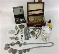 Brown Leather Jewelry Box. W / Assorted Costume