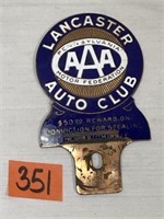 Antique Enamel Lancaster Auto Club License Plate