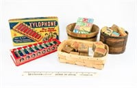 Vintage Children's Blocks, Small Wooden Bucket,
