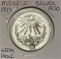 Mexico 1923 Silver Peso - damaged with hole