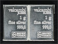 (2) X 1 GRAM VALCAMBI SUISSE .999 FINE SILVER BARS