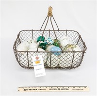 Wire Primitive Basket w/Milk Glass Eggs