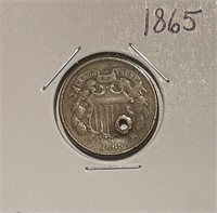 US 1865 2 Cent Piece - punched hole