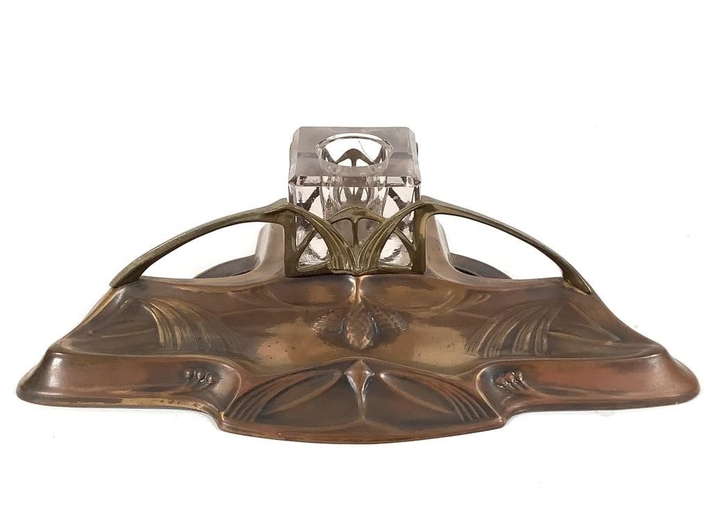 Art Nouveau Copper Brass Glass Desk Inkwell
