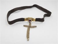 VICTORIAN MOURNING CHOKER W/STONE & PLAITED HAIR