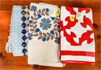 3 Quilts; Red and White Drunkard's Path Hand