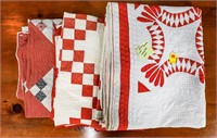 3 Quilts; Red and White Appliqued Pieced Hand