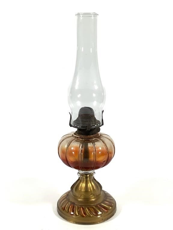 Goofus Glass Oil Lamp, Painted Base, Paneled Font