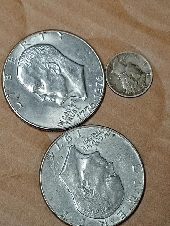 2 ike dollars and mercury dime
