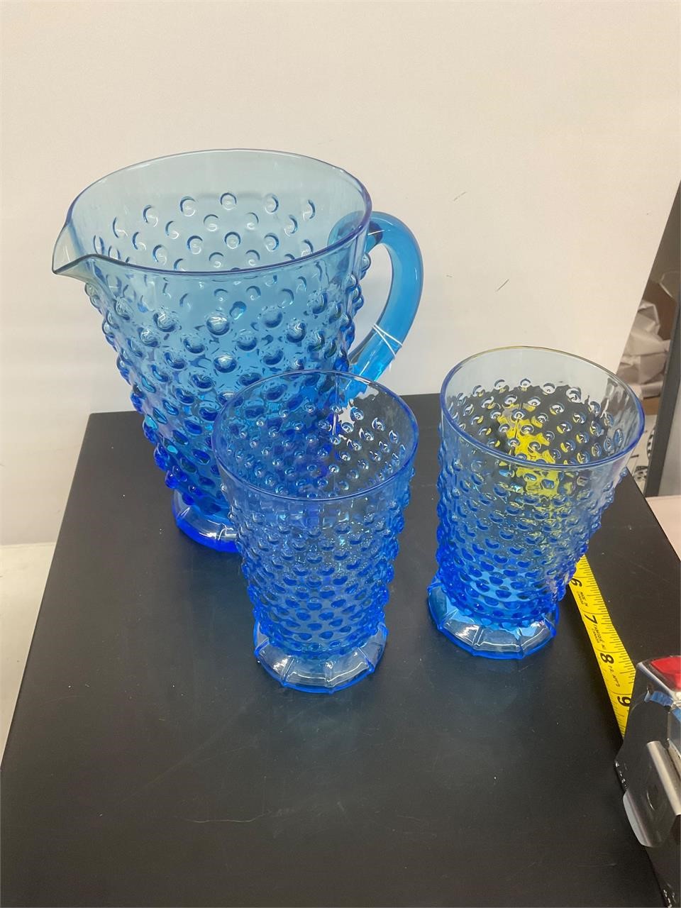 Fenton aqua blue glass pitcher and cups