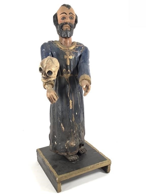 Carved Polychrome St Francis Santos Figure w/Skull