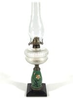 Oil Lamp w Frosted Font, Enamel Floral Pedestal