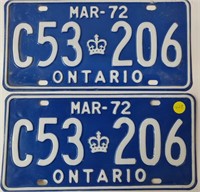 Pair of 1972 Blue Ontario License Plates