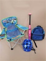 Kid Lot: Lawn chair, Helmet, Bat, Nike Bagpack