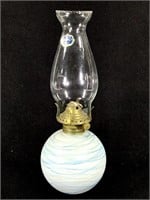Czech Threaded Art Glass Oil Lamp Blue on White