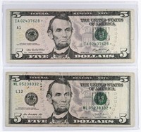 (2) x **STAR NOTES** $5 US FEDERAL RESERVE NOTES