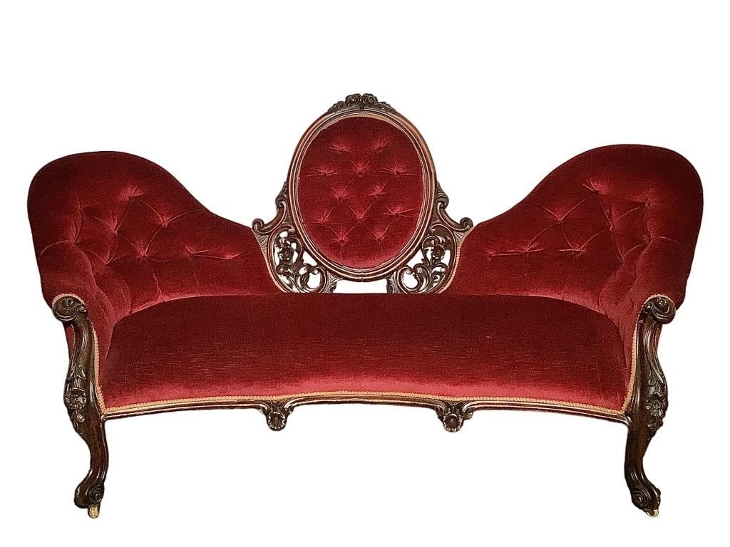 Fine Victorian Red Velvet Uphol. Belter Style Sofa
